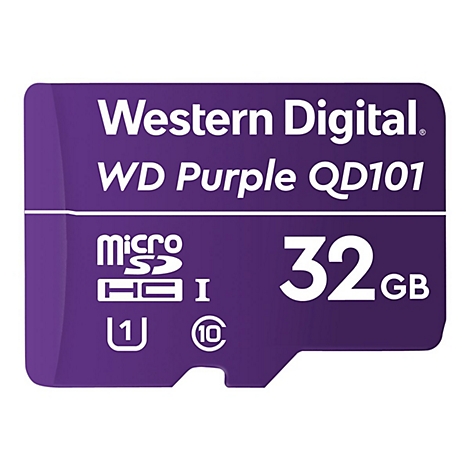 Une carte micro SD violette avec le texte Western Digital, WD Purple QD101 et 32 Go.