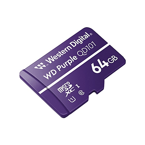 Une carte Micro SD violette avec l'impression "Western Digital WD Purple QD101 64GB".