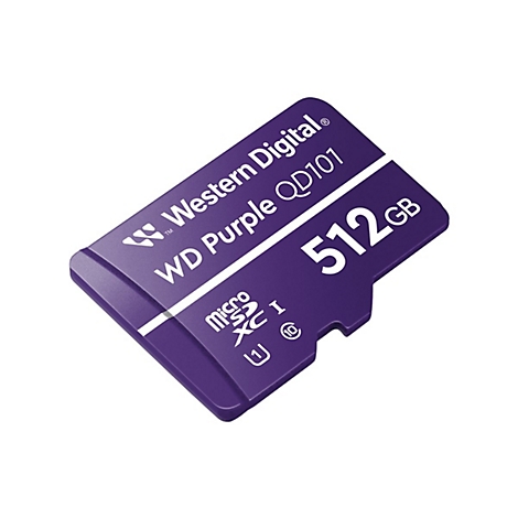 Une carte micro SD violette de Western Digital. Texte: WD Purple QD101 512 Go.