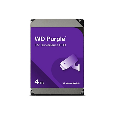 Festplatte WD Purple mit Logo und Aufdrucken, 4 TB, grauer Rahmen, lila Hintergrund.
