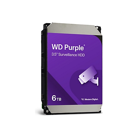 Festplatte WD Purple, 6 TB Speicherkapazität. Aufdruck "WD Purple" und Logo einer Überwachungskamera. Gehäuse in Schwarz und Grau.