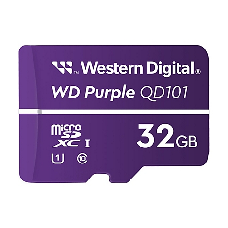 Eine violette Micro-SD-Karte mit weißer Aufschrift: Western Digital WD Purple QD101 32 GB.