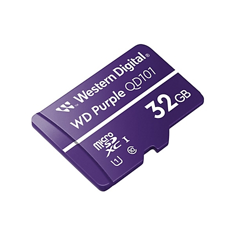Violette microSD-Karte mit der Aufschrift Western Digital, WD Purple, QD101, 32 GB.