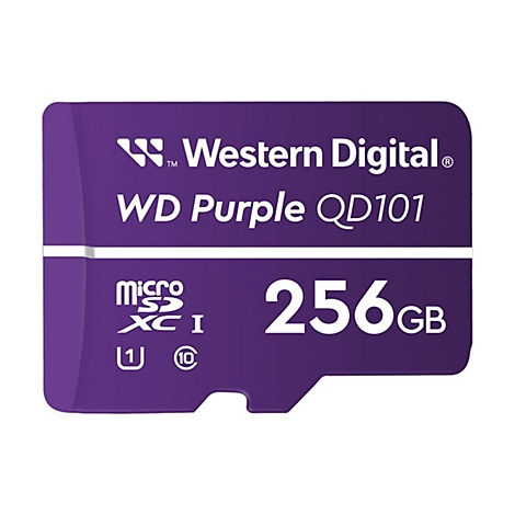 Violette microSD-Karte mit Aufdruck "Western Digital", "WD Purple QD101" und "256GB".