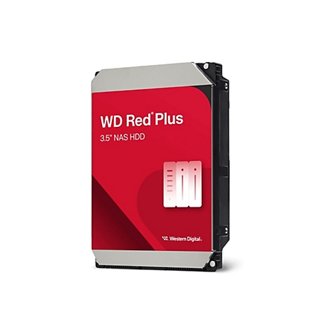 Disque dur WD Red Plus, rouge et blanc, 3,5 pouces, NAS HDD. Le cadre noir et le logo Western Digital sont visibles.