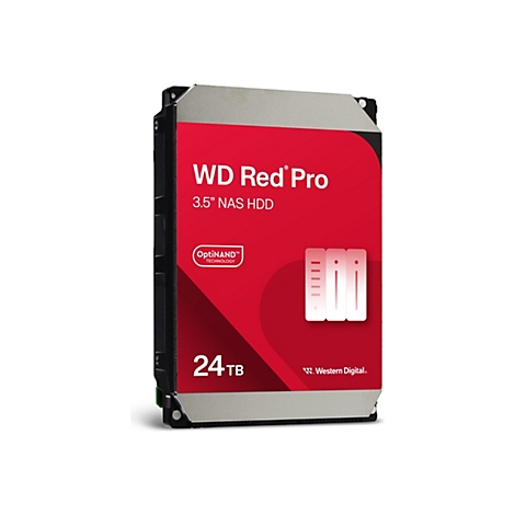 Disque dur WD Red Pro avec une surface rouge, un cadre noir et un dessus gris. Sur la surface rouge se trouvent les mots "WD Red Pro" et "3.5" NAS HDD", ainsi que le logo OptiNAND en blanc. En dessous se trouve "24 TB".