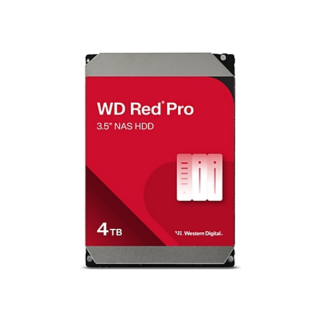 Disque dur WD Red Pro avec surface rouge, texte "WD Red Pro", "3.5 NAS HDD" et "4TB".