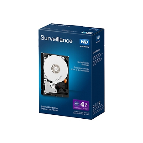 Eine Festplatte, WD Purple, in einer Box, links ein Blick ins Innere der Festplatte, auf der Box steht Surveillance.