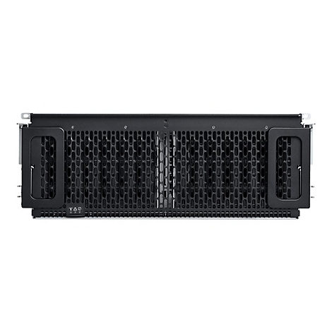 Schwarzes Server-Rack, Frontansicht, perforiertes Design, zwei seitliche Griffe.