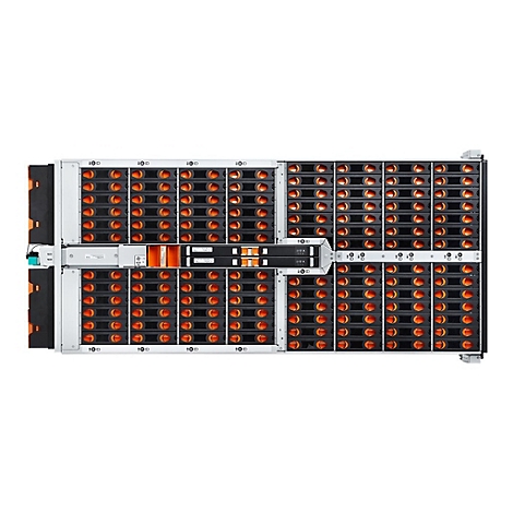 Großer Server mit vielen Einschüben und orangefarbenem Innenlicht.