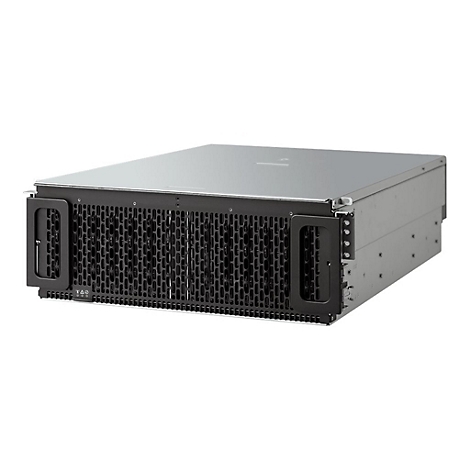 Ein Server-Rack mit Metallgehäuse. Schwarze Frontblende mit Lochmuster und Griffen.