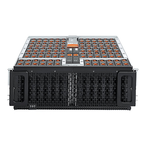 Schwarzes Server-Rack mit orangenen Elementen in einer Reihe.