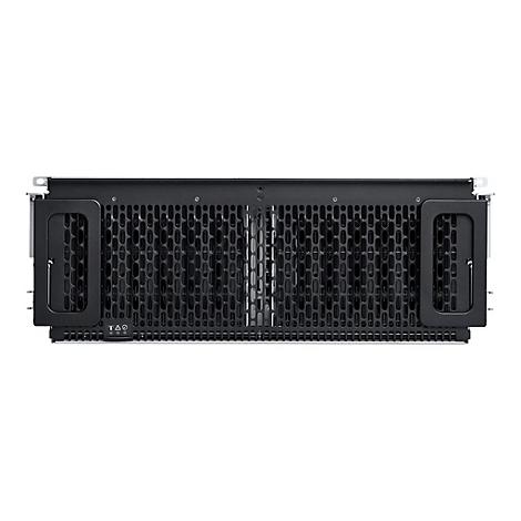 Ein schwarzes Server-Rack, Frontansicht, mit vielen kleinen Löchern und zwei seitlichen Griffen.