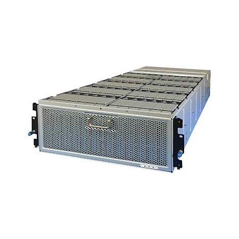 Grauer Server-Rack mit perforierter Front und Griff, rechteckig. Oben sind silberne Quadrate zu sehen.
