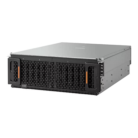 Schwarzer Server-Schrank mit metallischer Oberseite. Vorne zwei Griffe mit orangefarbenen Akzenten.