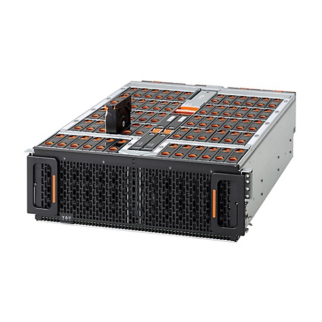 Ein Serverschrank, grau-schwarz, mit vielen Steckplätzen für Festplatten. Auf der Oberseite sind orangefarbene Elemente sichtbar.