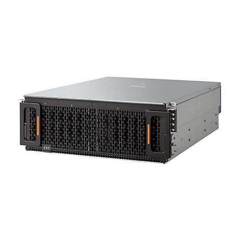 Ein grauer Server-Rack mit schwarzem Gitter und orangefarbenen Griffen.