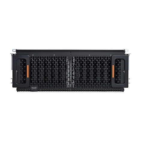 Schwarzes Server-Rack mit Lochmuster. Links und rechts Griffe mit orangenen Akzenten.