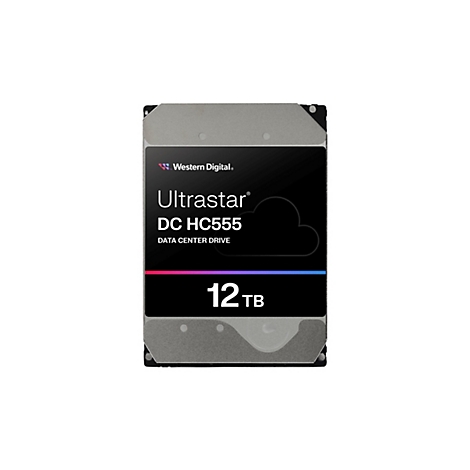 Festplatte von Western Digital Ultrastar DC HC555 mit 12 TB Speicherkapazität. Schwarzer Hintergrund mit weißem Schriftzug.
