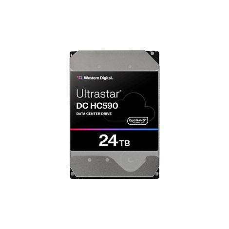 Disque dur Western Digital, modèle Ultrastar DC HC590, 24 To. Boîtier gris, étiquette noire avec lettrage blanc.
