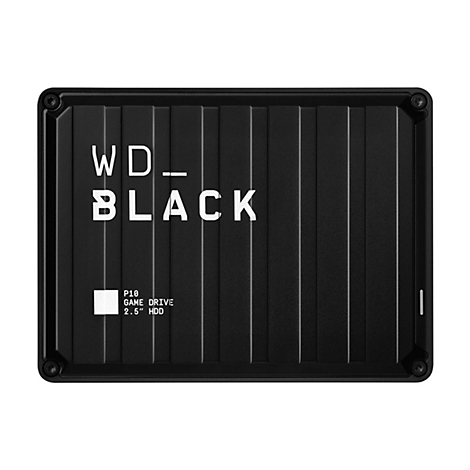 Disque dur HDD WD_BLACK P10 2,5" noir. Étiqueté avec du texte blanc, boîtier noir et nervuré.