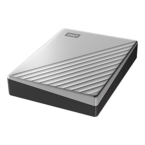 Disque dur externe argenté avec une surface striée, une bordure noire et le logo WD.