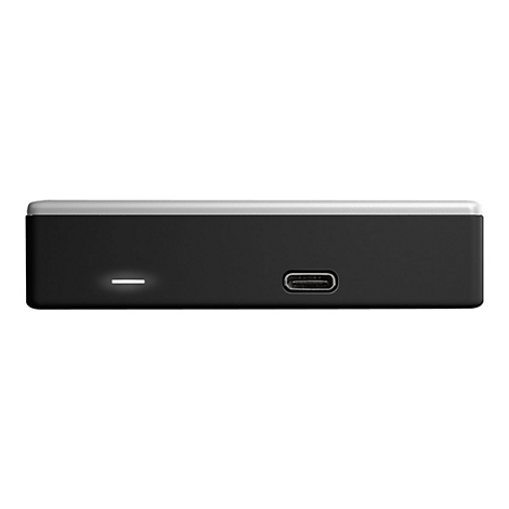 Un appareil noir rectangulaire avec un dessus argenté. Sur le devant : un port USB-C et une LED.