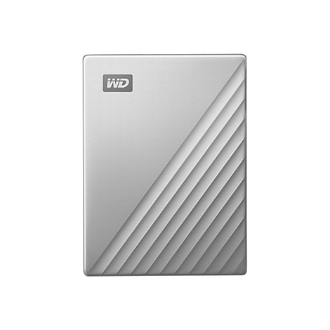Disque dur externe argenté avec logo WD et surface striée.