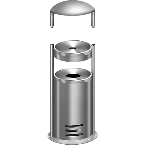 A silver trash can, with a lid, two openings and a three-stripe vent.