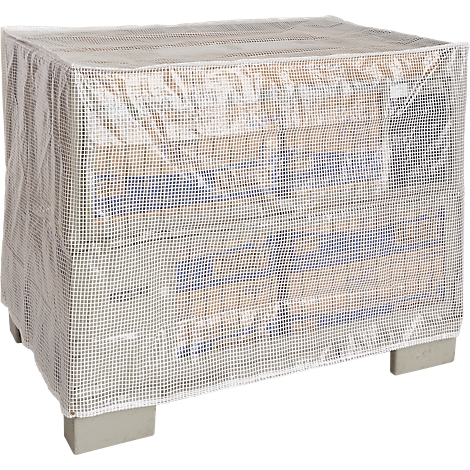 A gray stack of wood is covered with a transparent tarpaulin. The wood pile stands on four gray blocks.