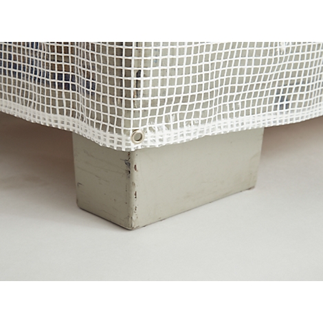 Gray box with a white, square net, which has a silver eyelet ring. The net covers something in the background.