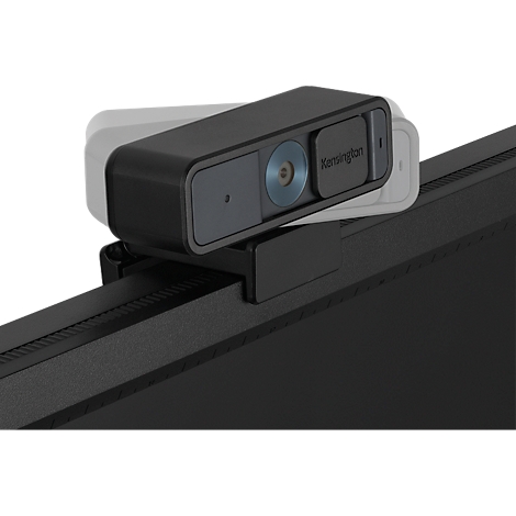 Schwarze Webcam, montiert auf einem schwarzen Bildschirm, der mit 'Kensington' beschriftet ist.