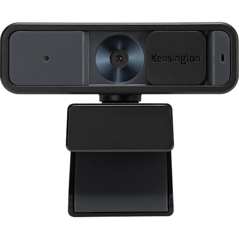 Zwarte webcam met 'Kensington'-logo. Met lens en beugel.