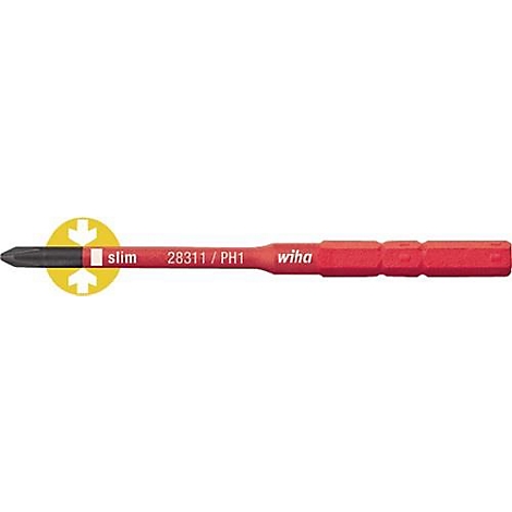 Roter Wiha Schraubendreher-Bit mit schwarzer Spitze. Aufschrift: "slim 28311 / PH1".