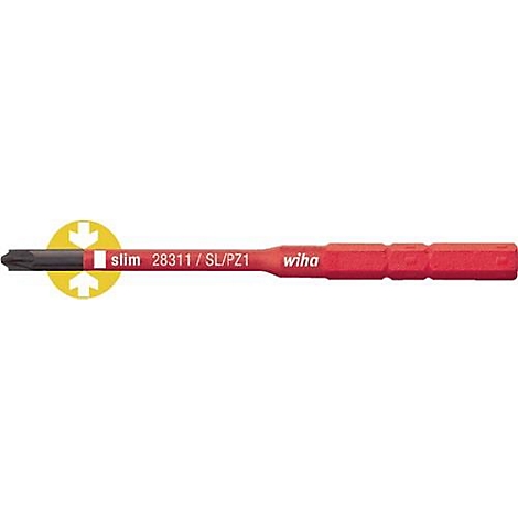 Roter Schraubendreher mit schwarzer Spitze und weisser Aufschrift: slim 28311/SL/PZ1 wiha.