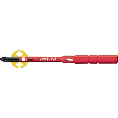 Roter Schraubendreher mit schwarzer Spitze, weisser Aufschrift "slim" und "wiha".