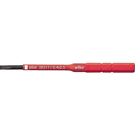 Ein roter Schraubendreher mit der Aufschrift "slim 28311 / 0.4/2.5 wiha".