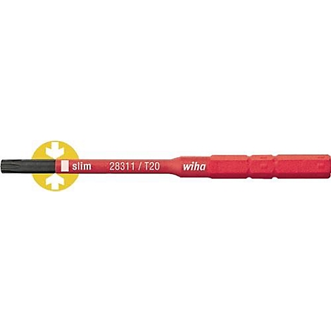 Schraubendreher-Aufsatz mit schwarzem Bit und rotem Griff. Aufschrift: "slim 28311/T20 wiha". Gelbe Pfeile zeigen auf den Bit.
