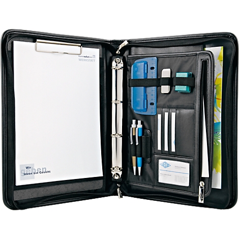 Black conference folder, open. On the left side a clipboard with paper, on the right side compartments for pens, ruler, eraser and business cards.