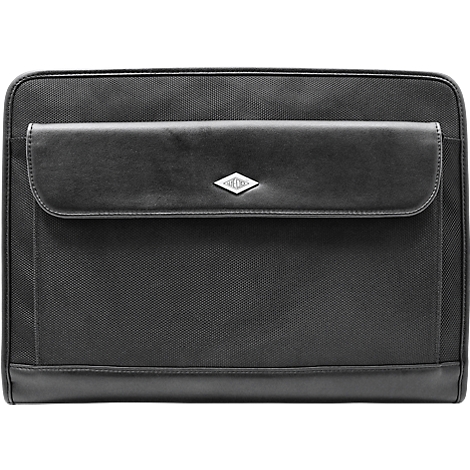 Black briefcase with front pocket and silver emblem. The material is textured.