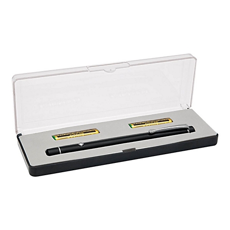 Schwarzer Laserpointer mit zwei Batterien in einem durchsichtigen Kunststoff-Etui.