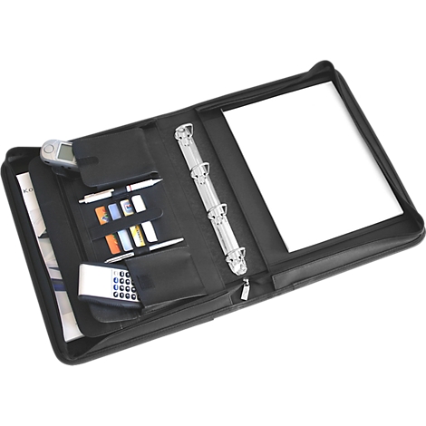 Open black leather portfolio with a binder, pens, cards, a cell phone, a calculator, and paper.