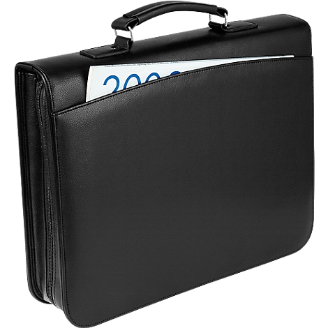 Black briefcase with handle and document. A white card with blue writing is in an outside pocket.