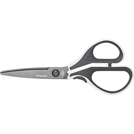 Scissors with grey blades and black handles, with white contour. Text "Titanium".
