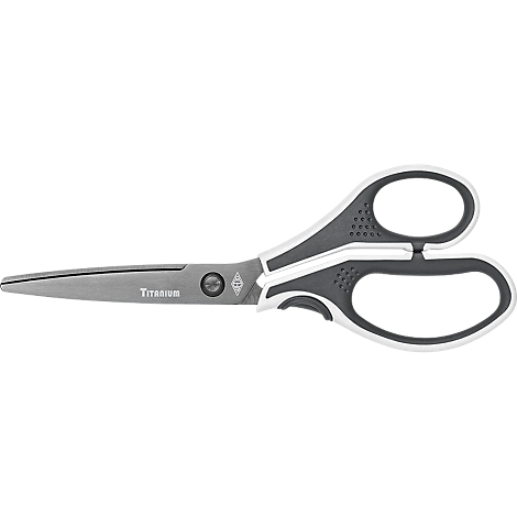 Scissors with gray blades and gray and white handles. "Titanium" is written on the blade.