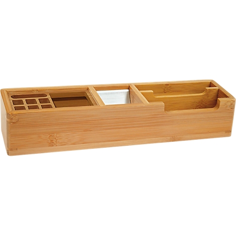 Bamboo desk organizer, divided into compartments for pens, notes, and accessories.
