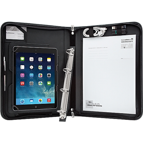 Black folder with iPad, pen, paper, cables, and binder. Logo: "Werkstatt".