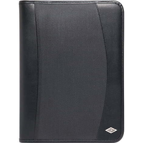 Black leather folder with zipper and logo.