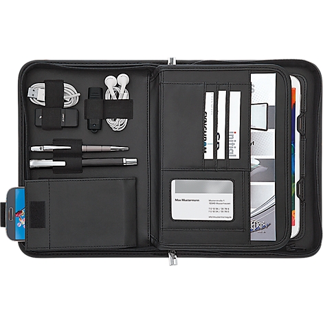 Opened black leather portfolio with tablet, pens, headphones and accessories.