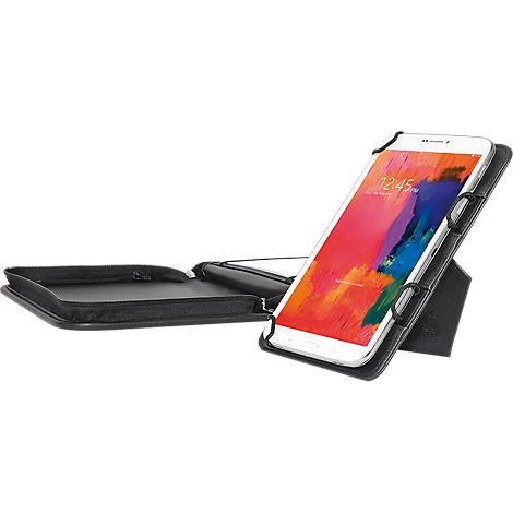Black tablet case with tablet display, time 12:45. The case is set up.